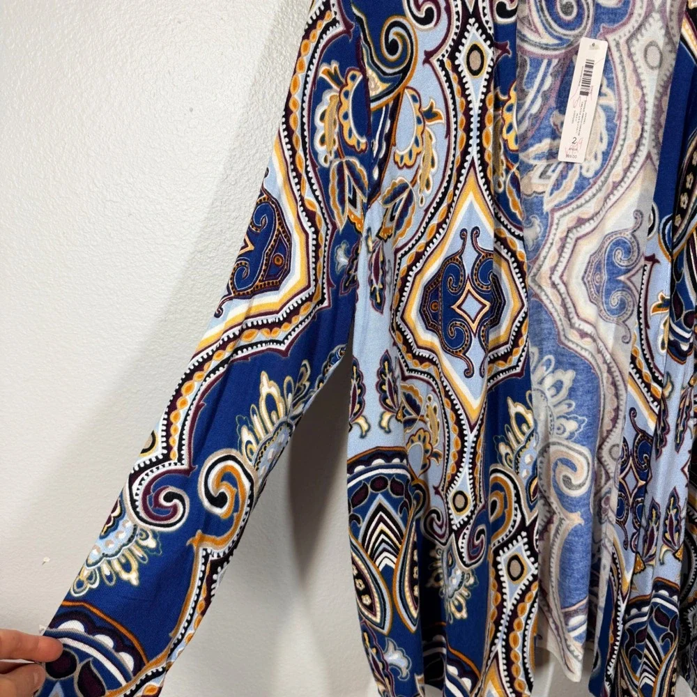 Chico's Cardigan Women's 2 Large Blue 3/4 Sleeve Lightweight Paisley Open Front